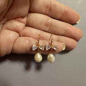 Gold Pearl Drop Earrings with Crystal Bow Accent